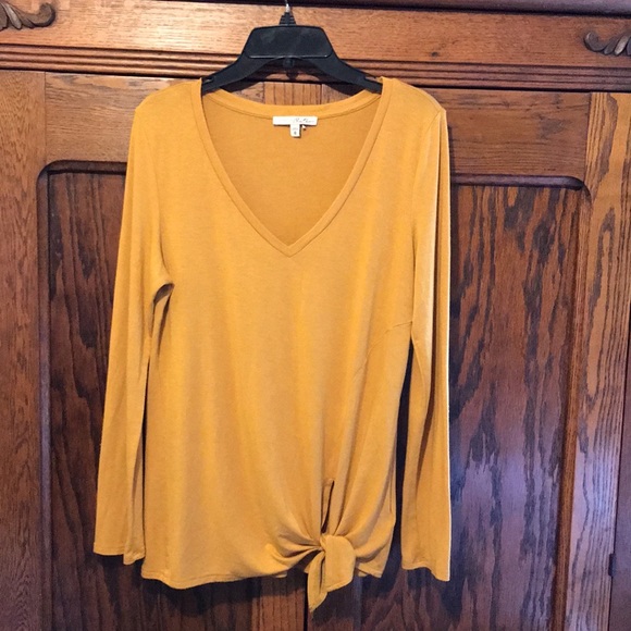 EXPRESS One Eleven Tie Front Long Sleeved Top Mustard Gold - Picture 2 of 7